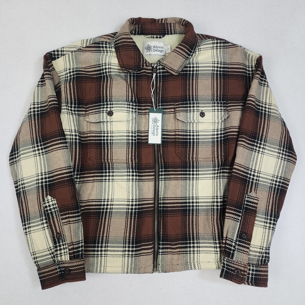 Alpine Design Shirt Jacket Womens L Brown Plaid Sherpa Lined Flap Pockets Zip Up